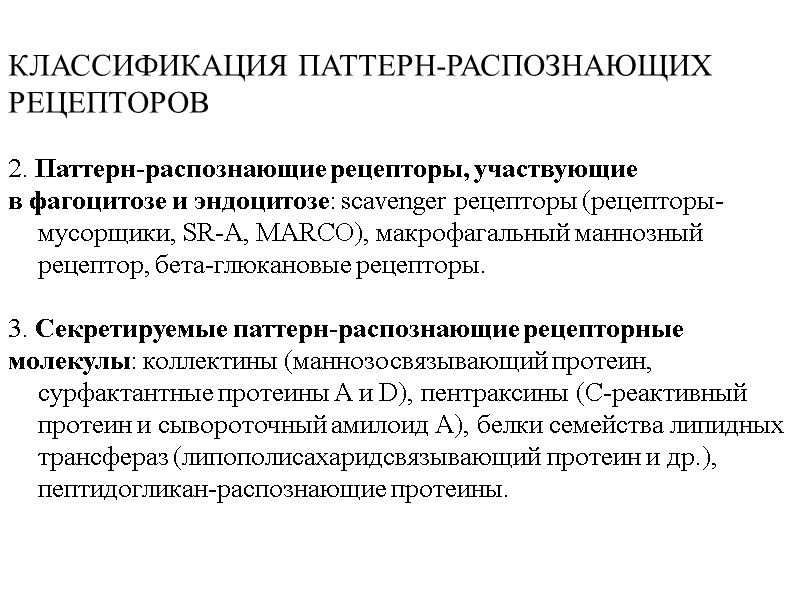 КЛАССИФИКАЦИЯ ПАТТЕРН-РАСПОЗНАЮЩИХ  РЕЦЕПТОРОВ   2. Паттерн-распознающие рецепторы, участвующие  в фагоцитозе и